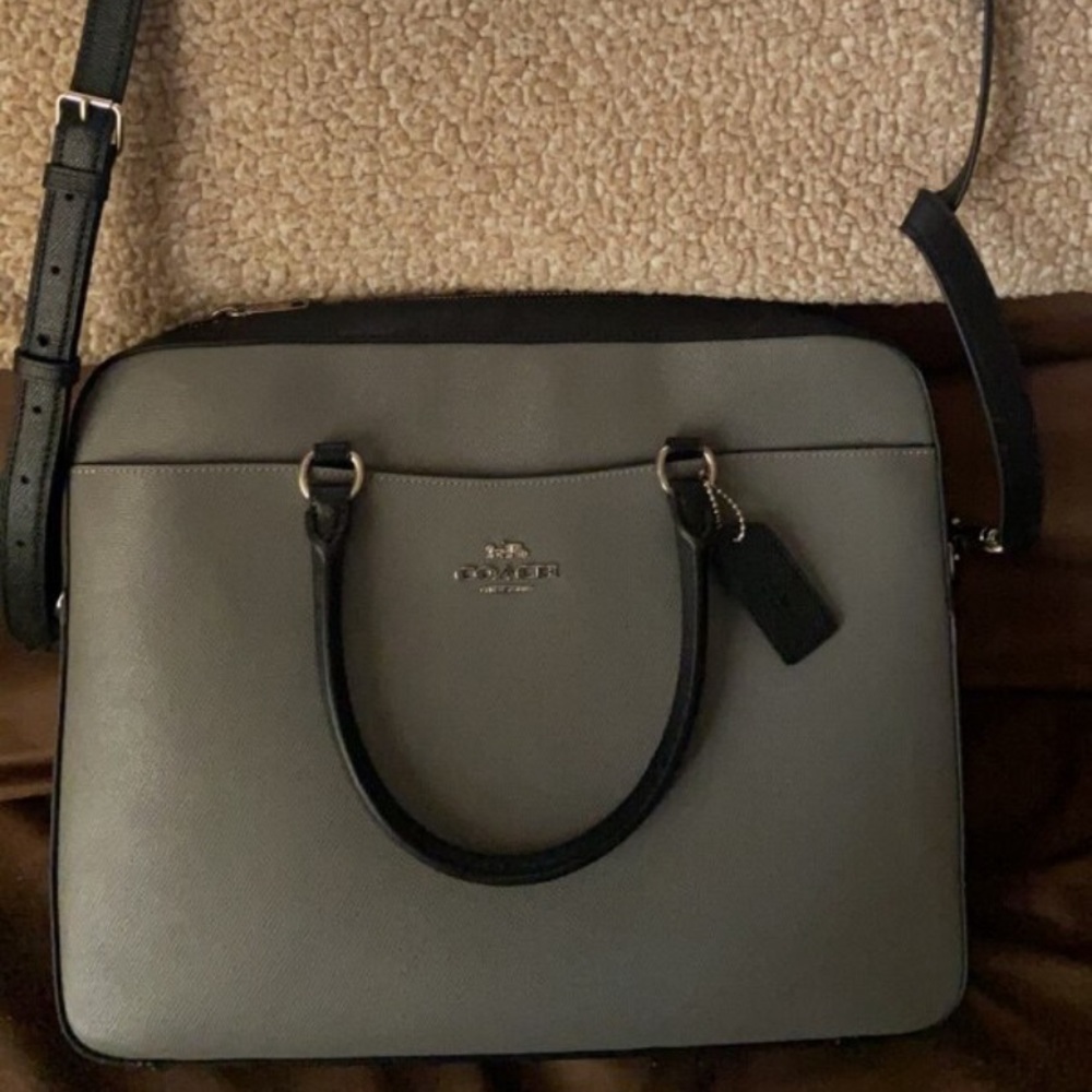 NWT Coach gray leather laptop bag
